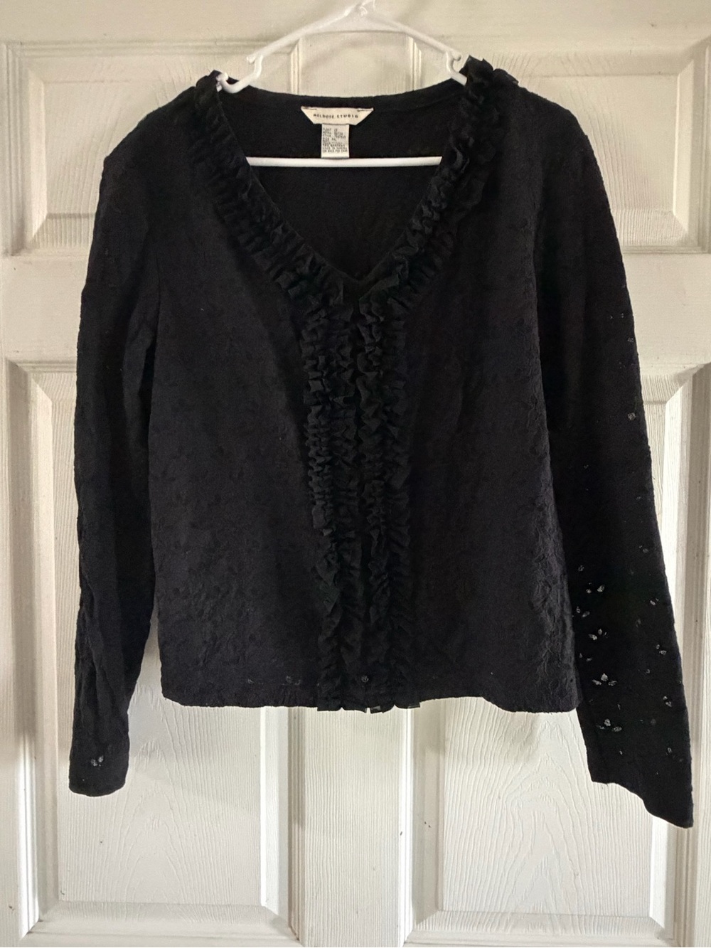 Women's Black Ruffle-Trim V-Neck Blouse